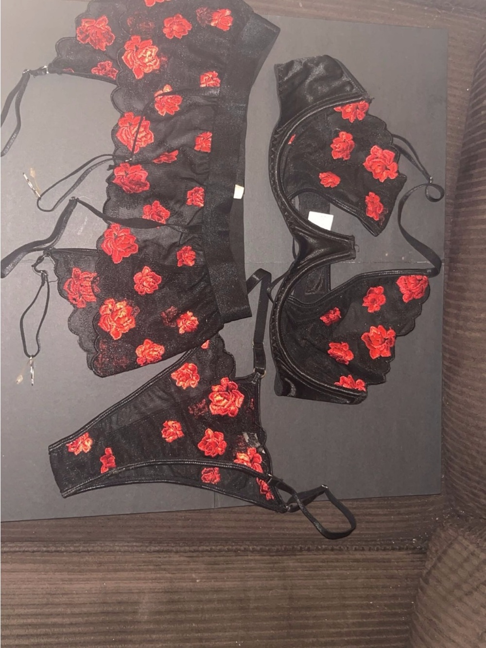 Black Lace Bra & Thong Set with Red Floral Embroidery - Women's Intimates